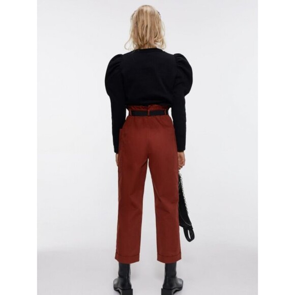 Red Zara Paperbag Waist Cropped Cuff-Hem Wide-Leg Pants Trousers (NWT) - Picture 6 of 7